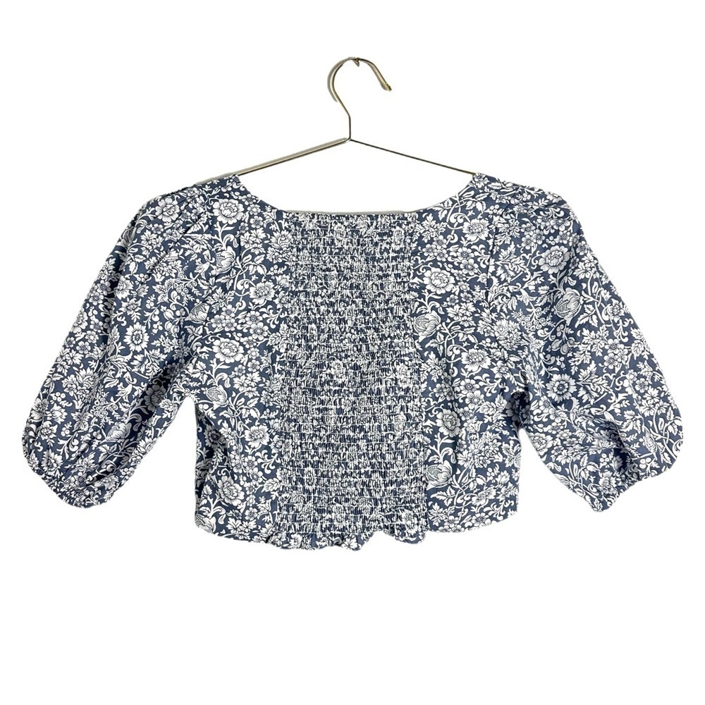 Anthropologie Opt Blue/white Floral Cropped Puff Sleeve Blouse Size M - Picture 6 of 6
